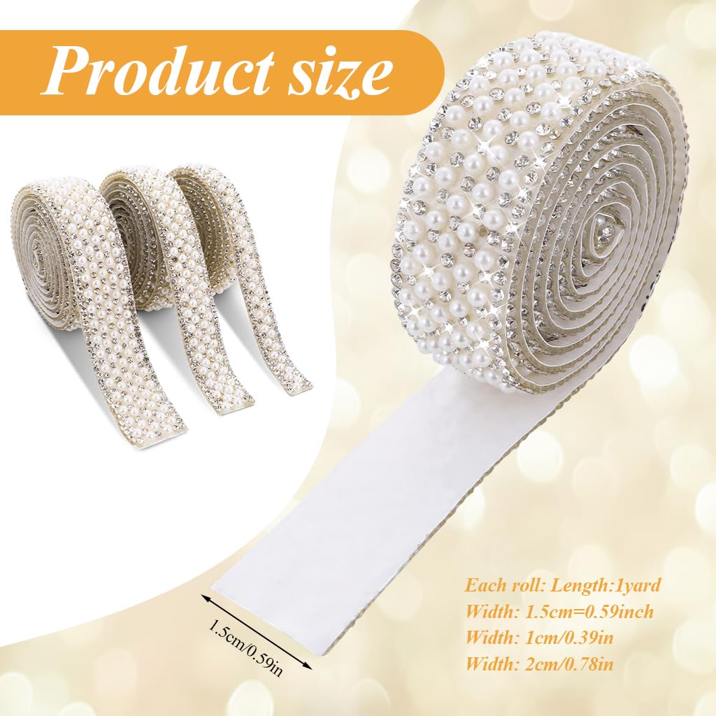 HASTHIP Pearl Rhinestone Ribbon Tape for DIY Crafts featuring Self Adhesive Design and 3 Rolls 1 Yard Each