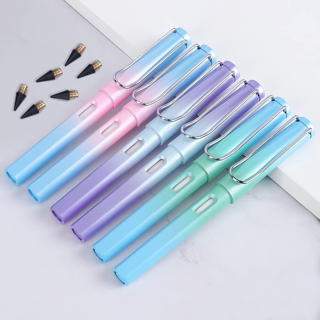 Climberty Infinity Pencils for Writing and Drawing with 0.5mm HB Nibs and Built‑in Eraser | 6 Reusable Inkless Pencils for Kids and Adults