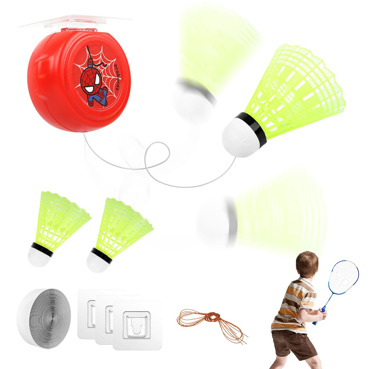 Proberos Badminton Training Device Set with 6 Shuttlecocks and Adjustable Strings | Self-Rebounding Trainer for Kids