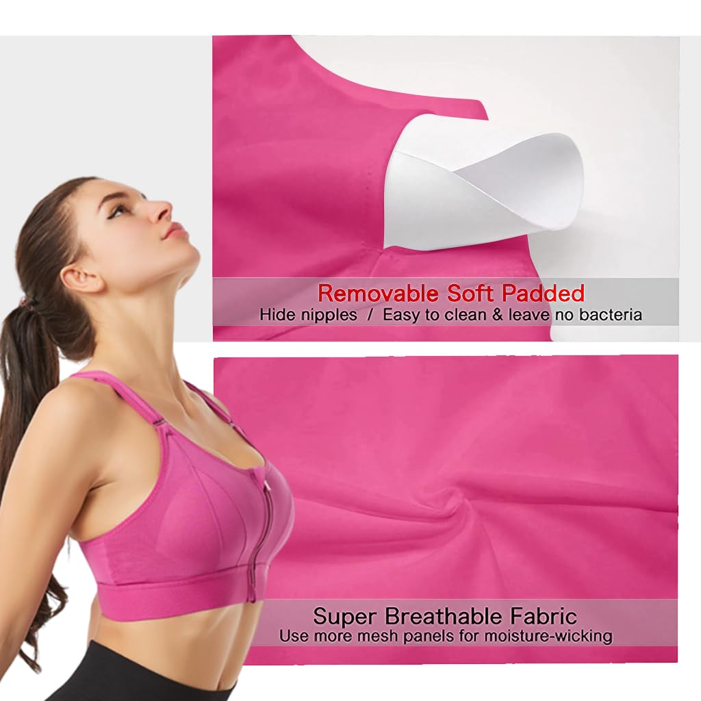 PALAY Sports Bra for Women with Front Zip Racerback Support and Pink Polyester Fabric