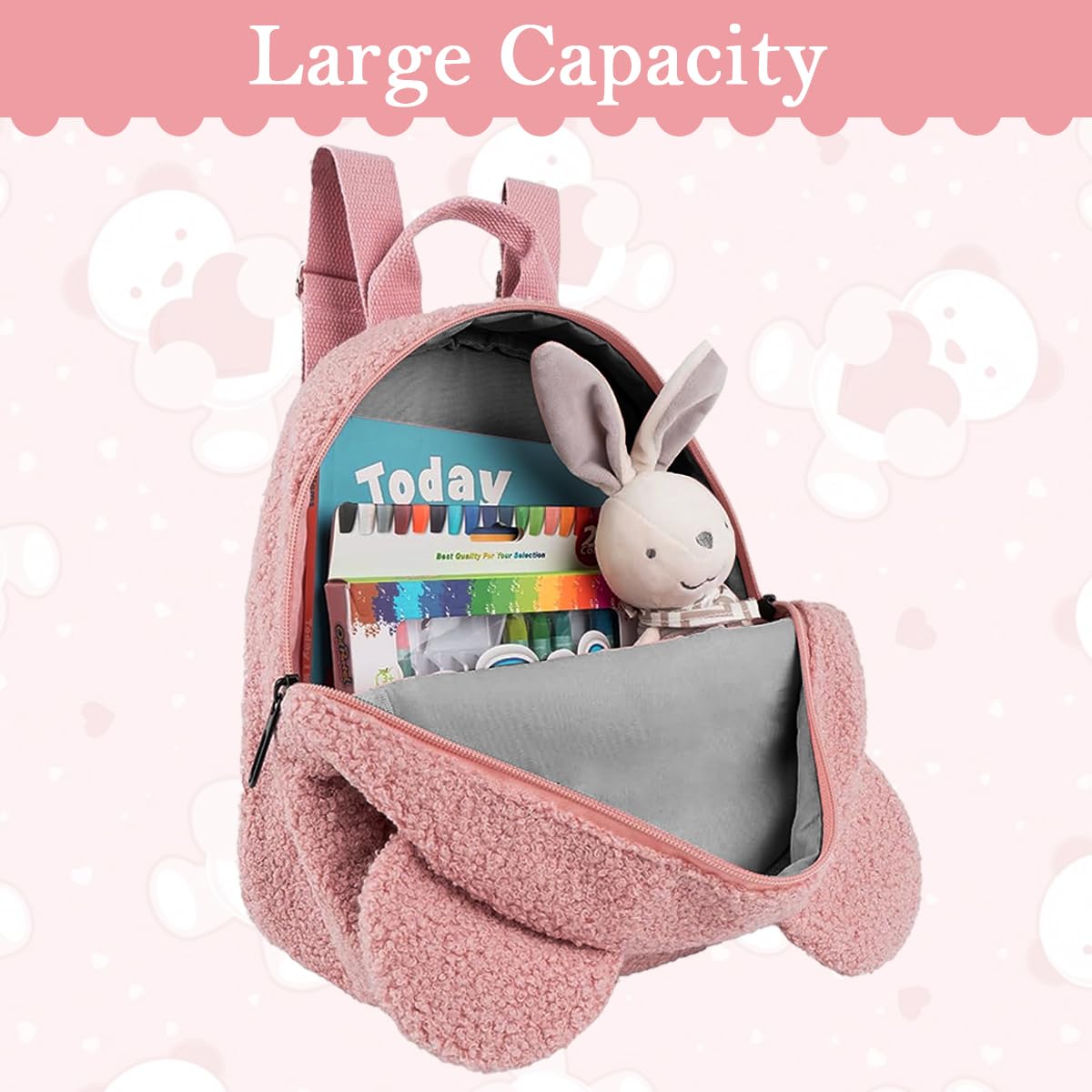 PATPAT Kids Backpack for Girls with Adjustable Straps 28x27x13cm Pink Bear Plush | Cute Kawaii Daypack