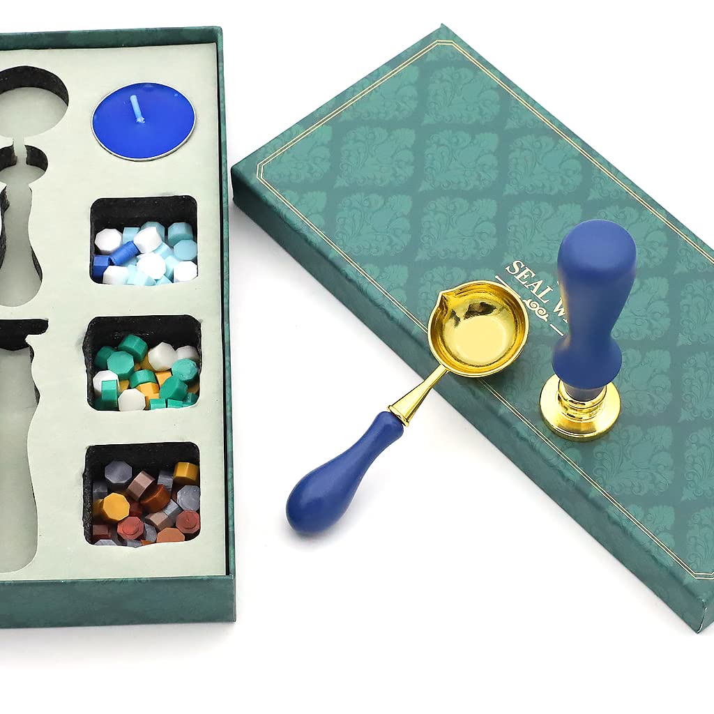 HASTHIP Wax Seal Stamp Gift Box Set for Cards and Envelopes with 2.5cm Brass Head | Blue