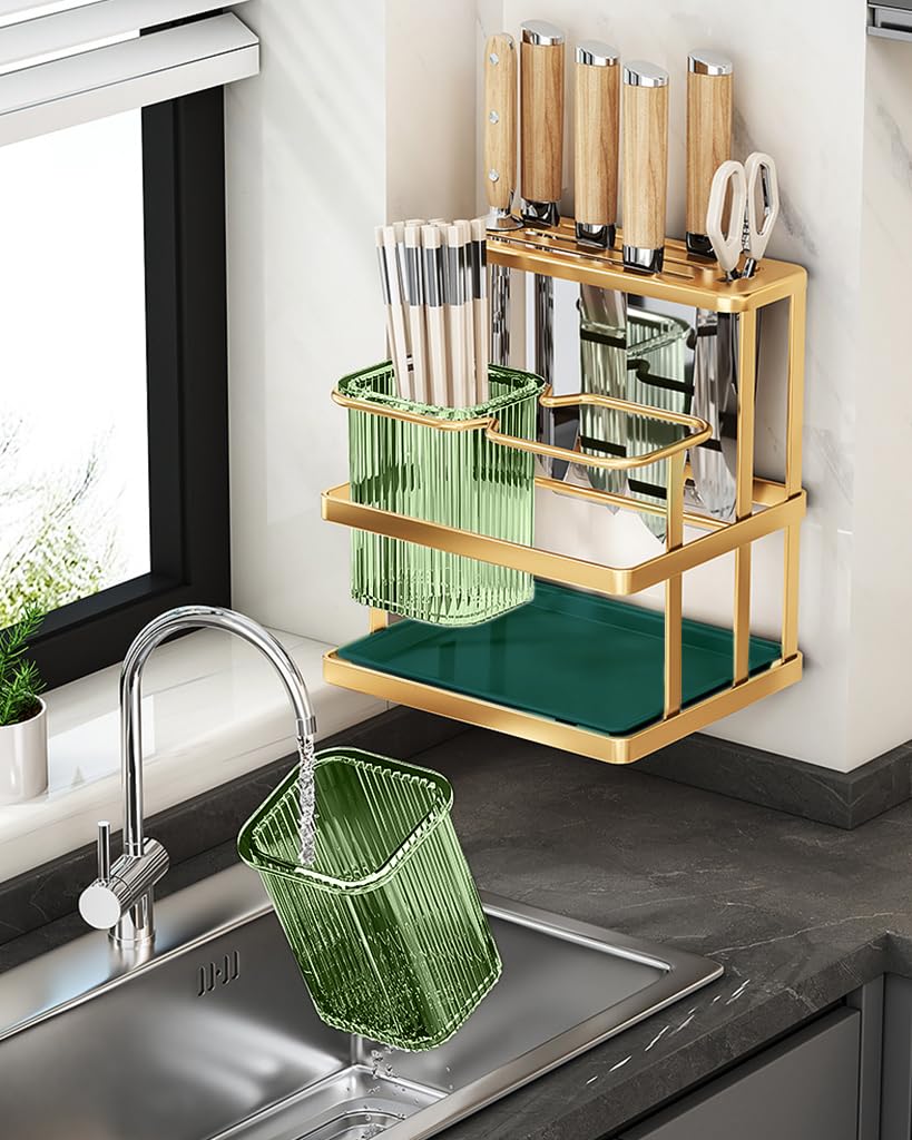 HASTHIP Kitchen Organizer Rack for Countertop and Wall Mounting with Dual Cutlery Cases | 20x15x22cm Carbon Steel Golden Finish