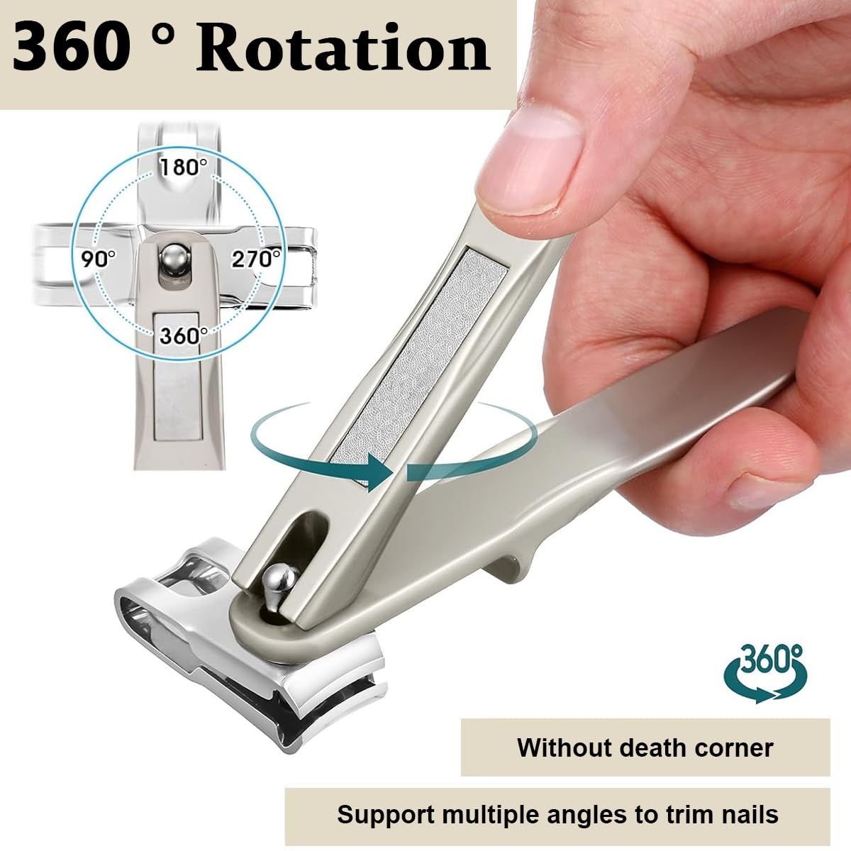 MAYCREATE Nail Clipper with 360° Rotatable Head and Long Handle Stainless Steel Cutter | Built In Nail File and PU Sleeve