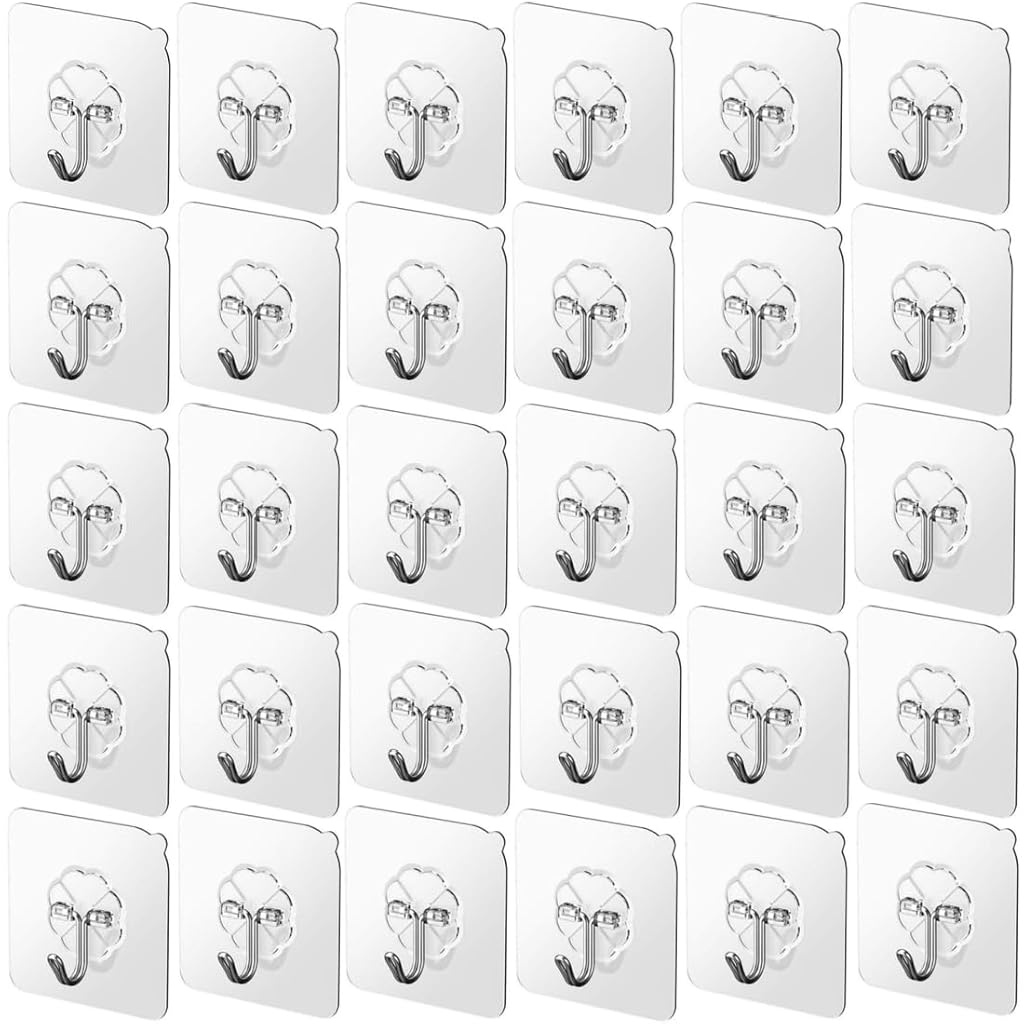 HASTHIP® 30 Pack Wall Hooks Strong Acrylic Backing Glue Wall Hooks Self-Adhesive Wall Hooks for Bathroom, Kitchen Waterproof Ultra Adhesive Wall Hooks (Clear)