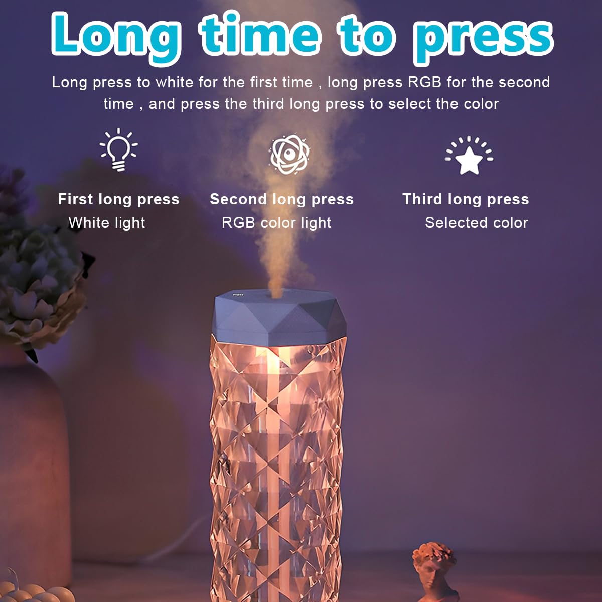 HASTHIP LED Crystal Humidifier for Bedroom with 1000ml Tank and 7-Color Rose Light | USB Quiet Cool Mist Diffuser