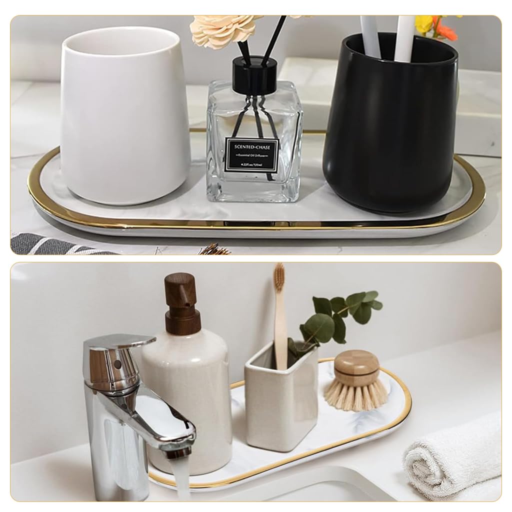 HASTHIP Vanity Tray for Bathroom Countertops with Raised Edges featuring 31.8x14.8cm Ceramic Marble Pattern | Elegant Organizer for Jewelry and Makeup