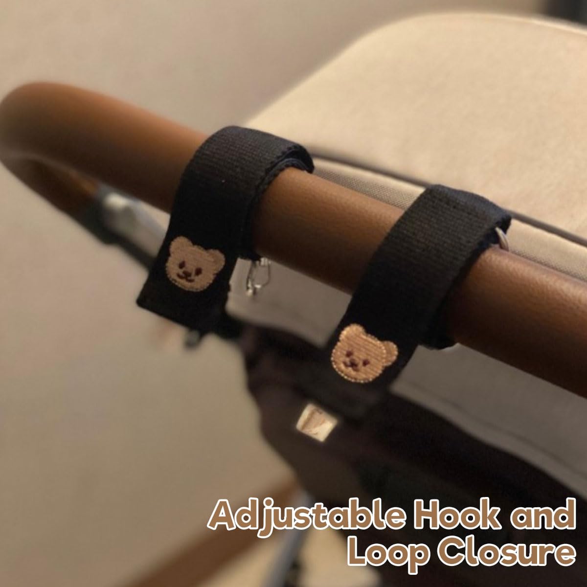 SNOWIE SOFT stroller hooks for hanging bags featuring metal carabiner and cotton straps | adjustable bear design 2 pack