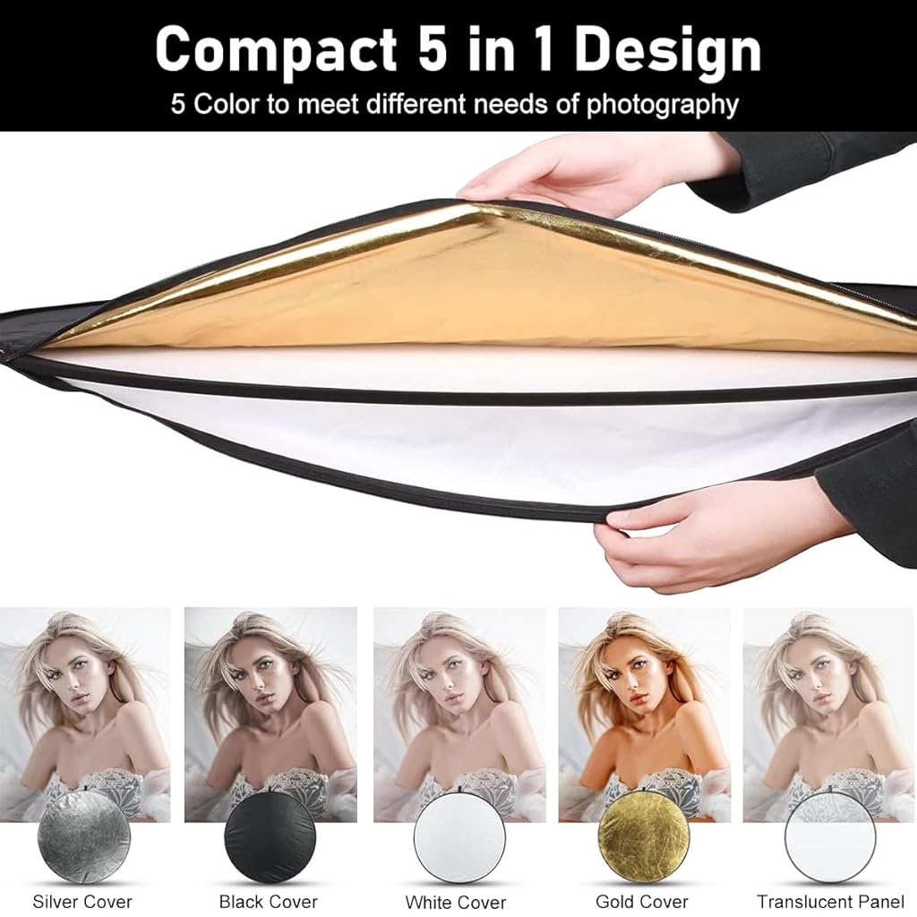 ZIBUYU® 5 in 1 Photography Reflector Translucent Diffuser Foldable Reflector Silver /Gold /White/Black/Translucent Diffuser Portable Reflector for Outdoor Photography, Studio Filming, 24''x36''