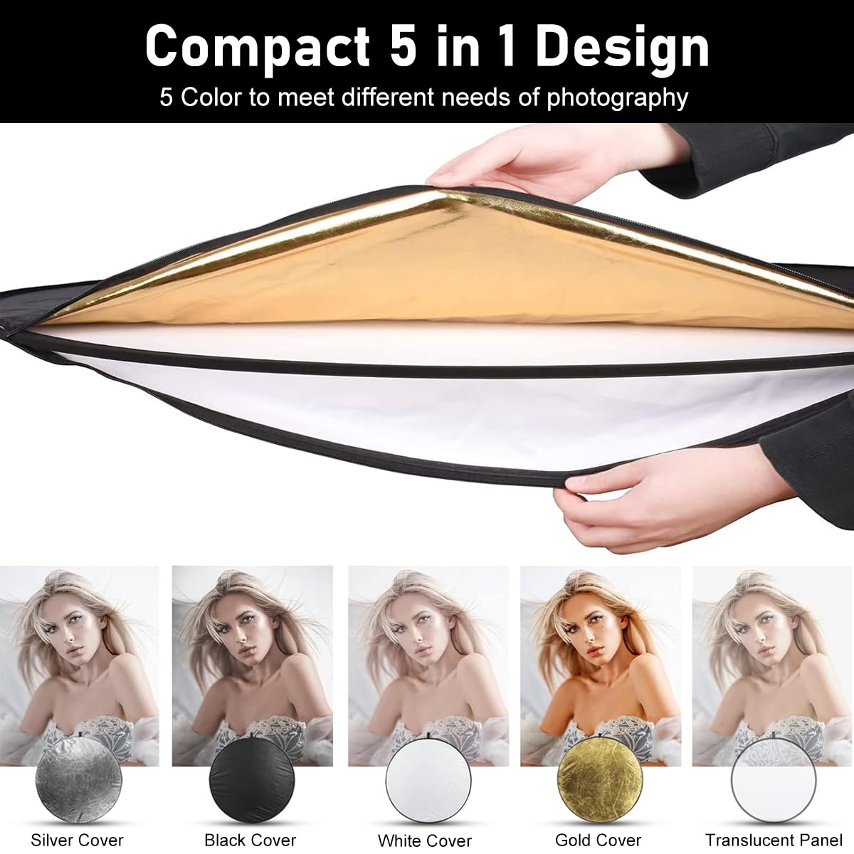 ZIBUYU Reflector for Photography 24x36 Foldable Diffuser featuring 5 in 1 Silver Gold White Black | Ideal for Outdoor Studio Photoshoots