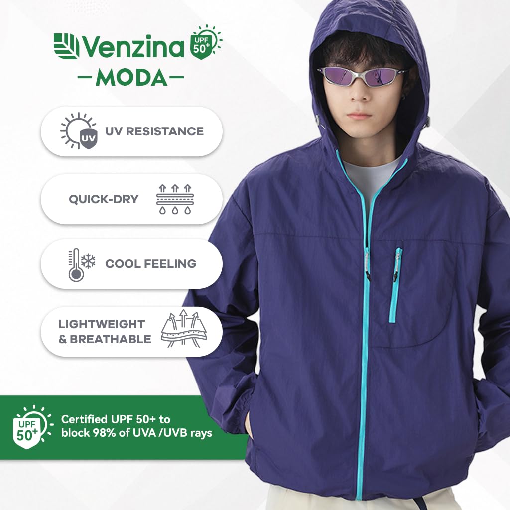 Venzina Men's Lightweight Athletic Jacket with UPF 50+ Sun Protection and Back Air Vent | Quick Dry Waterproof Nylon Hoodie in Purple