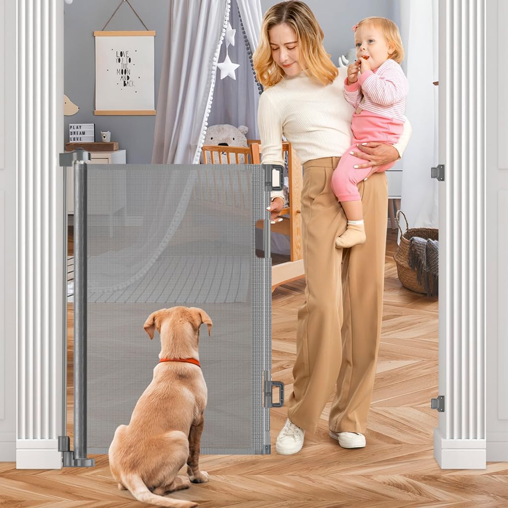 SNOWIE SOFT® Retractable Baby Safety Gate Fence Gate with Lock, Buckle Door Barrier Staircase Gate Door Gate Barrier for Babies Toddler, Dogs, Cats, Pets in Balcony, Bedroom, Living Room, 33