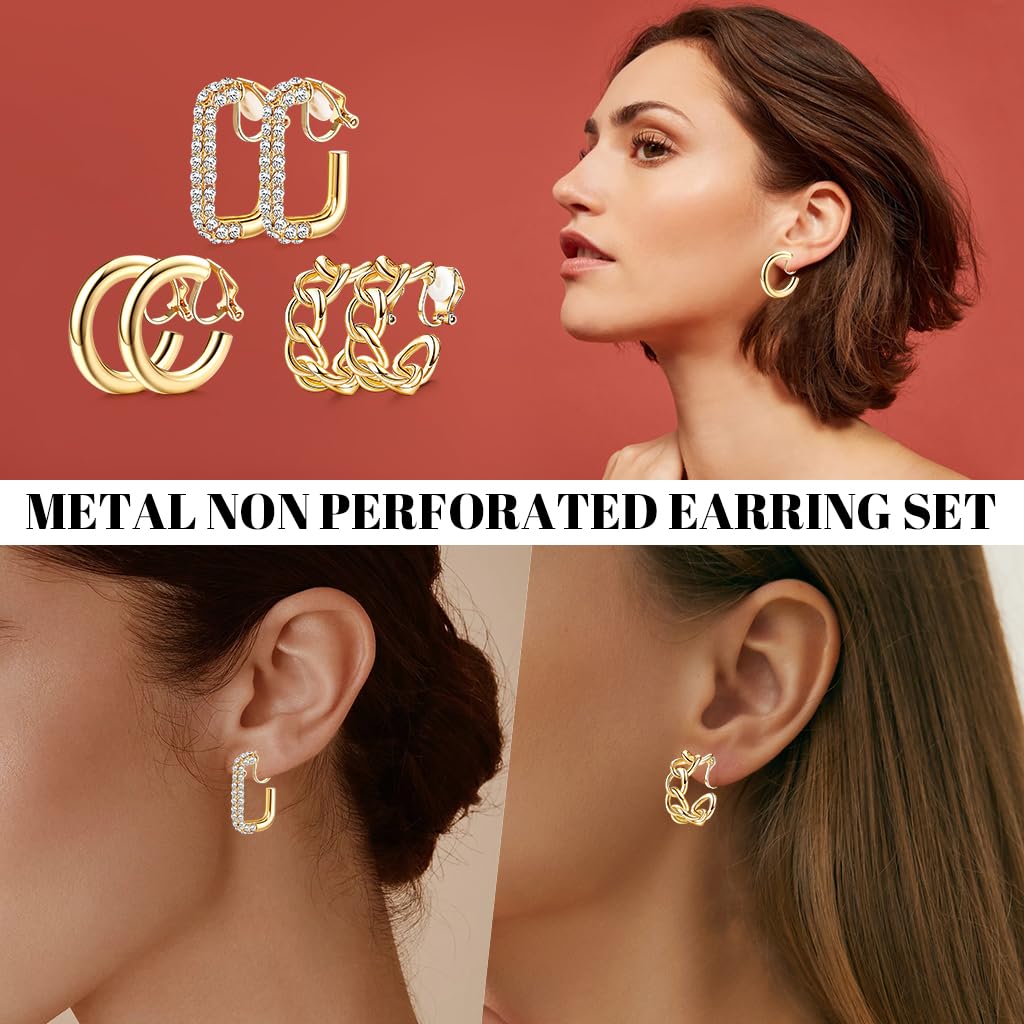 SANNIDHI Clip-on Earrings for Women featuring 3 Pairs Golden Alloy Loops | Non-Pierce Design