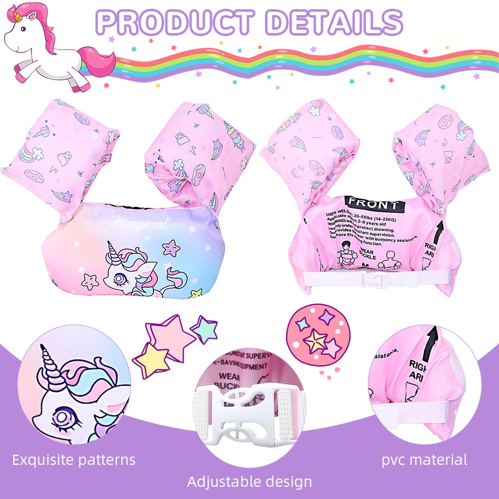 Proberos Kids Floating Vest for 30–55 lb Toddlers with Inflatable Arm Floats and PVC Pink Unicorn Design