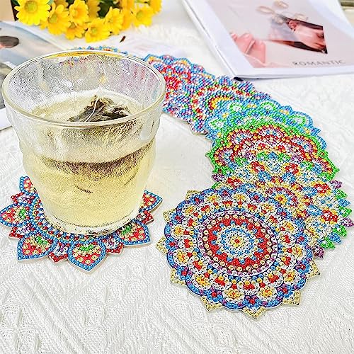 HASTHIP® 8 Pcs Diamond Painting Coasters Kits, Exquisite Diamond Painting Coasters with Holder, DIY Diamond Art Coasters and Crafts for Adults Kids, Style A