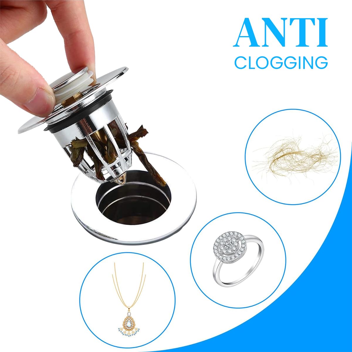 HASTHIP Kitchen Sink Strainer for 1.33–1.57 in Drains with Pop Up Stopper | Brass Silver Plug