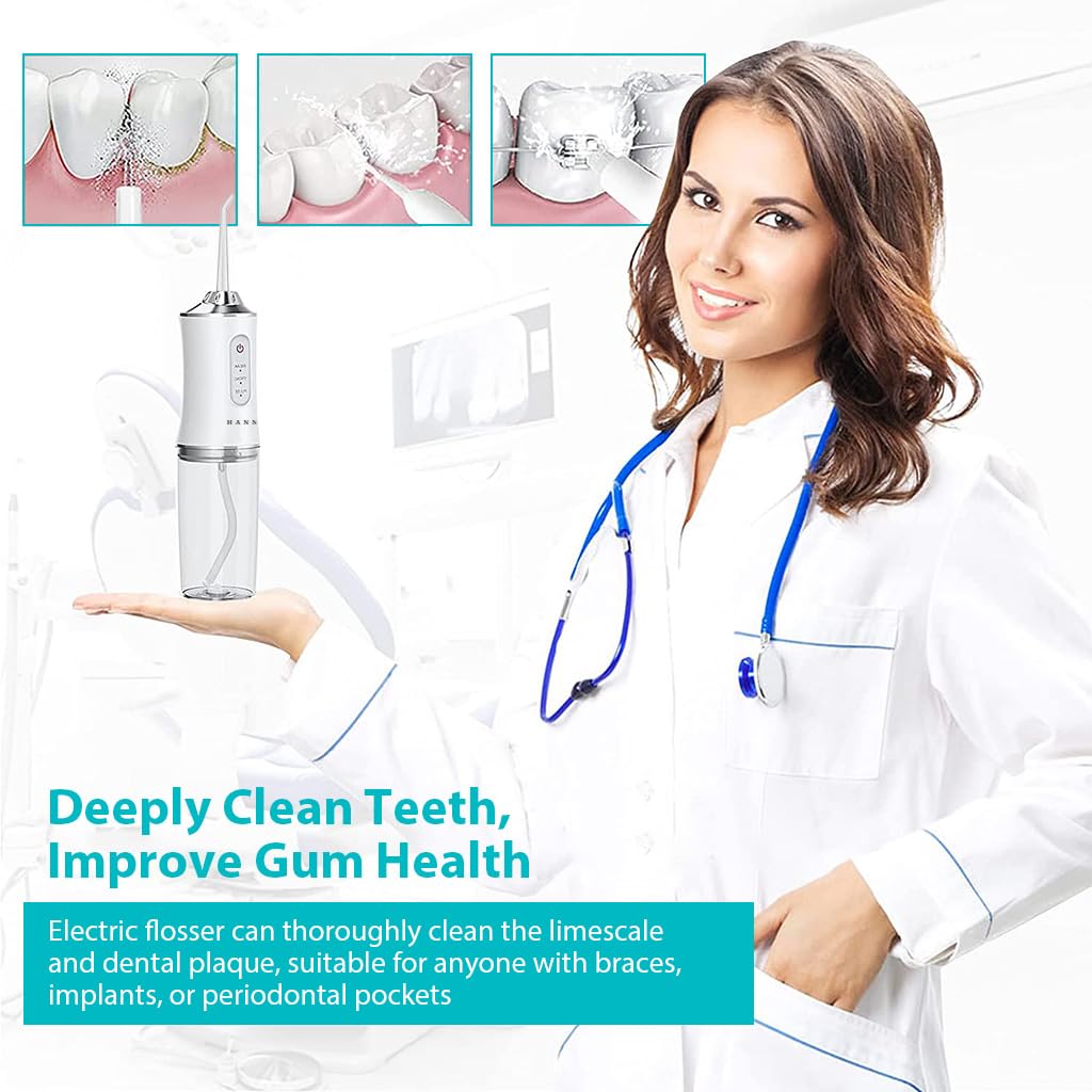 HANNEA Water Dental Flosser for Teeth Cleaning with 3 Modes 4 Jets and 220ml Tank | IPX7 Waterproof Rechargeable Oral Irrigator