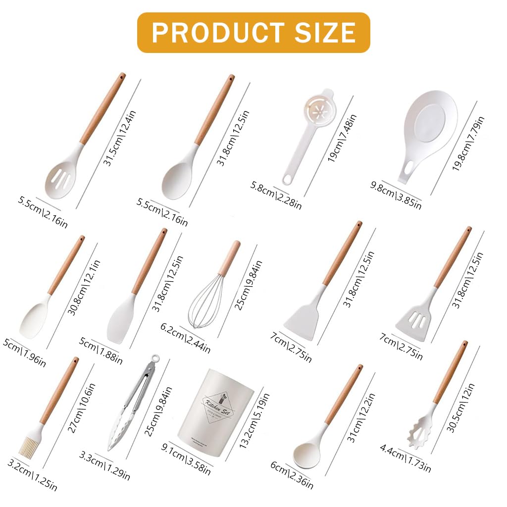 Supvox® Silicone Spatula Spoon Set 14Pcs - Silicone Spatula Set for Kitchen, Spatula Silicone Set for Non-Stick Pan with Food Clip Oil Brush Wooden Handle Kitchen Culinary Supplies for Baking Cooking