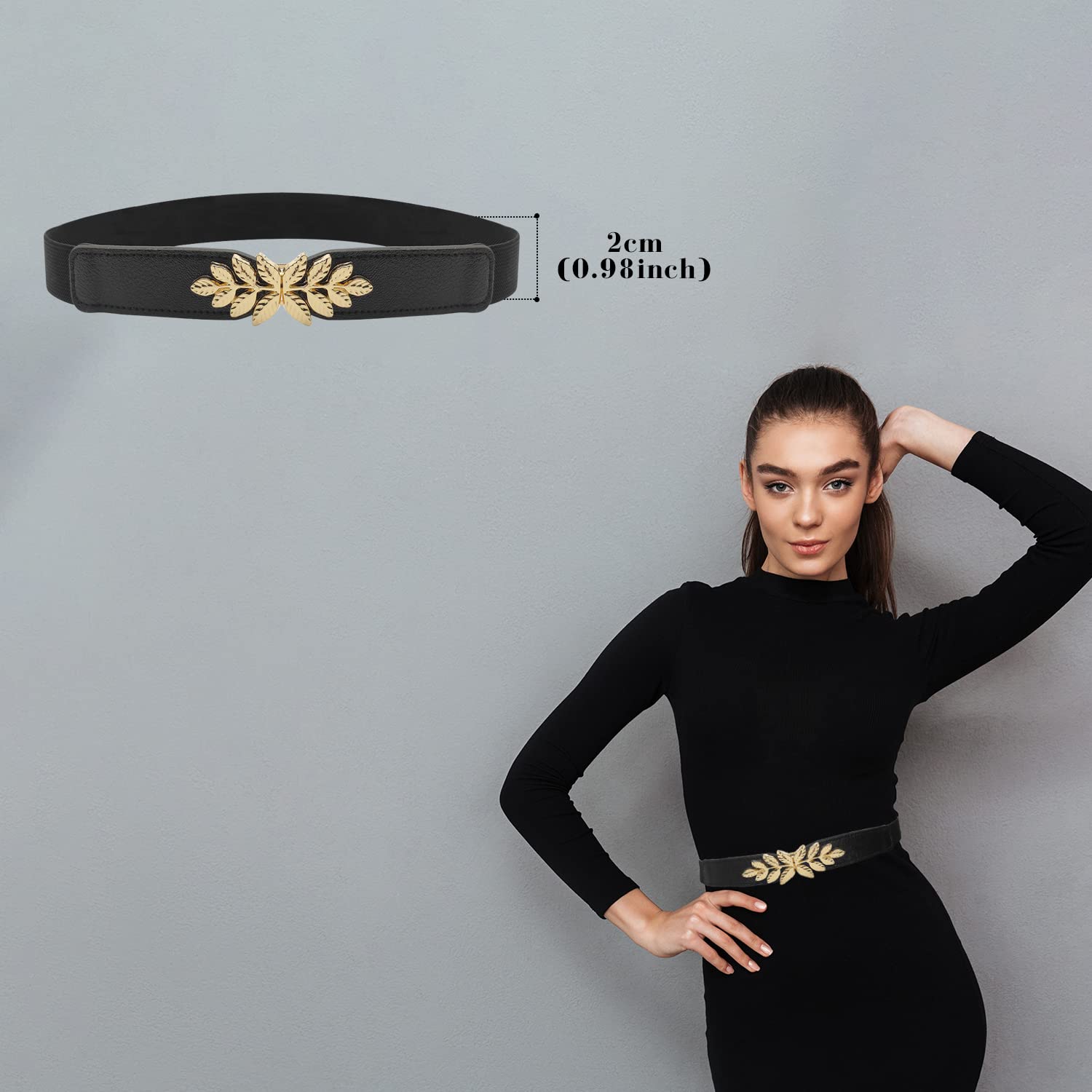 ZIBUYU Waist Belt for Women with Leaf Metal Interlock Buckle Adjustable 25–34 in Fit | Black Stretchy PU and Nylon Design