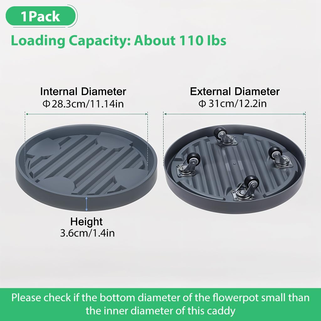 HASTHIP Round Plant Caddy with Wheels for Indoor and Outdoor Pots featuring 4 Hidden Locking Wheels and 28 cm Grooved Plastic Surface