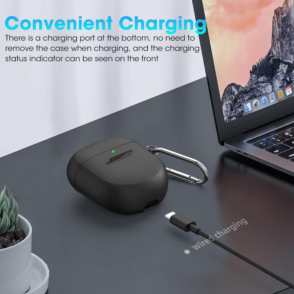 Zeitel Case for Bose QuietComfort Earbuds 2 with Carabiner Clip and Shockproof Silicone Cover | Waterproof Black Charging Accessory