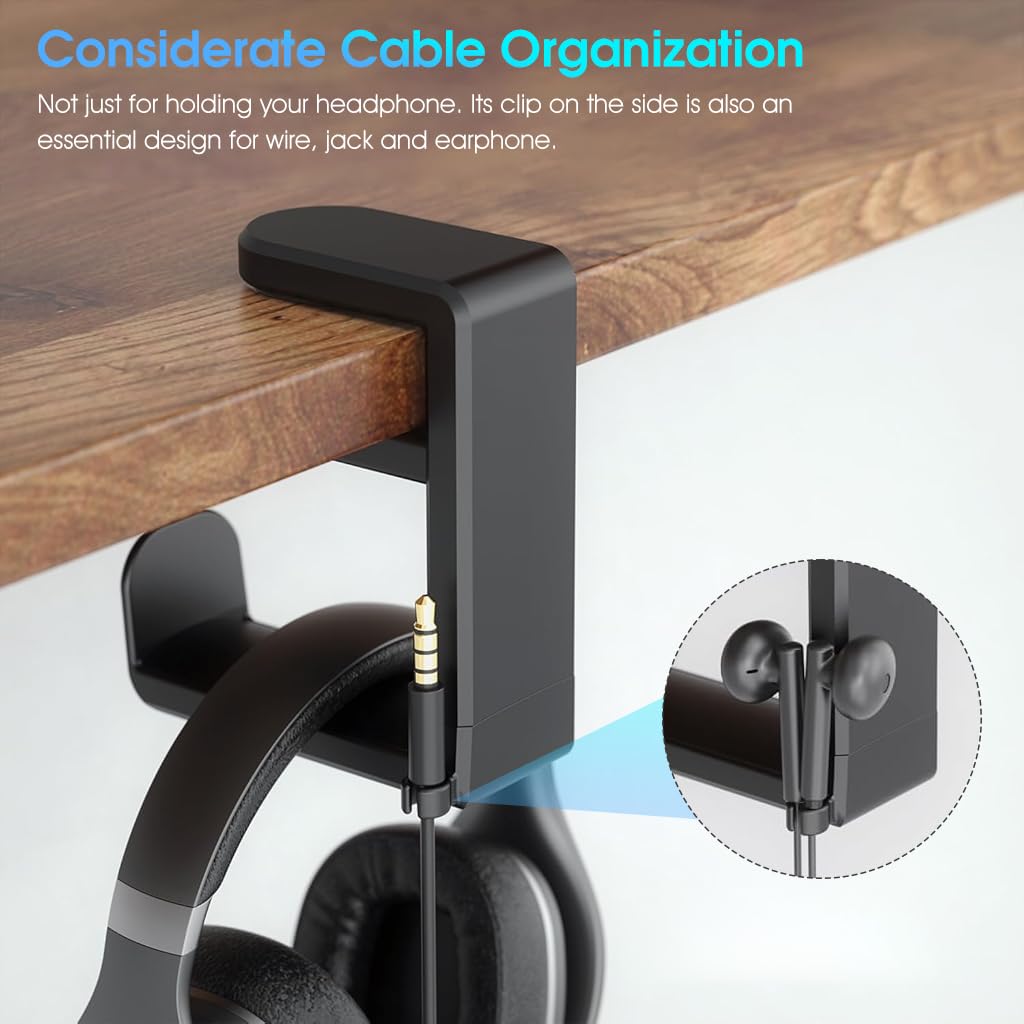 ZORBES® Underdesk Headphone Holder 360° Rotatable Headphone Hanger with Cable Slot Adjustable Clip-on Desk Headphone Hook Universal Underdesk Organizer Hook for PC Desk, Office Desk