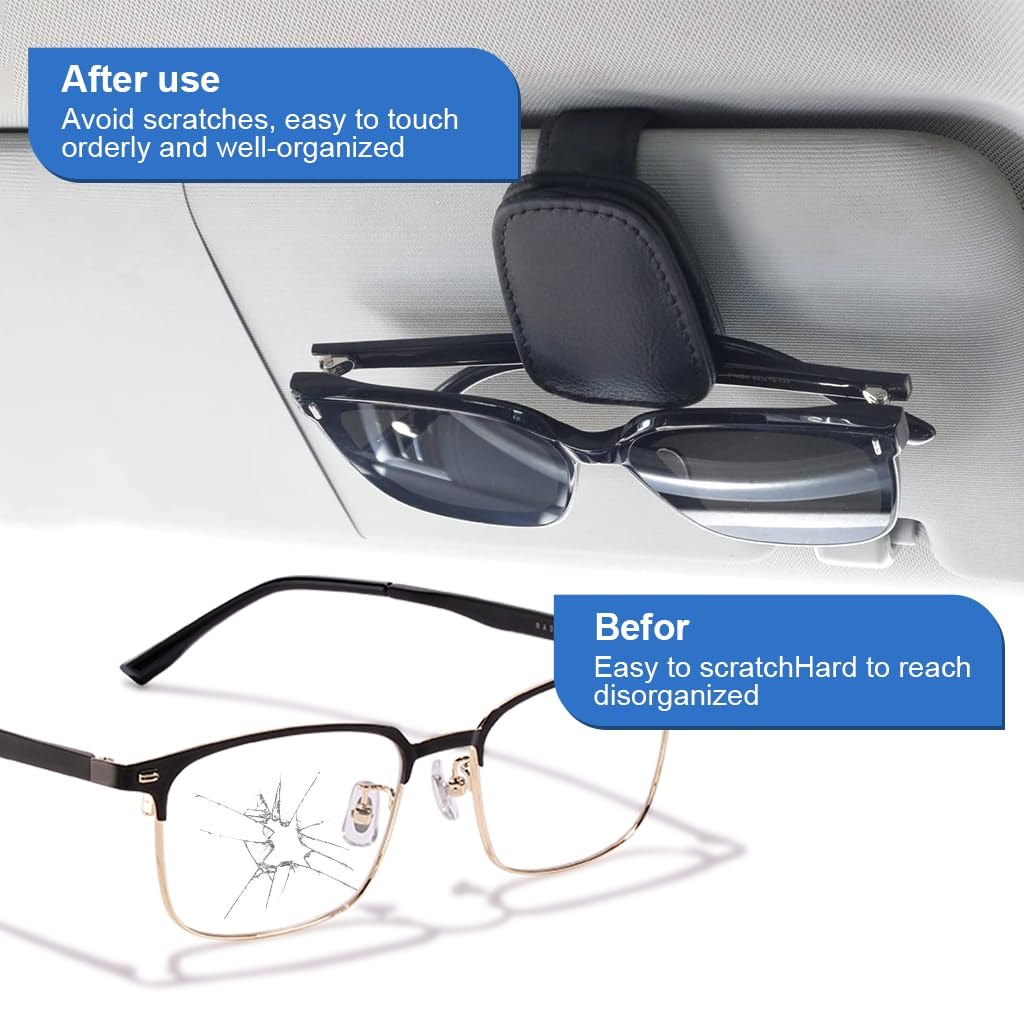 Zibuyu Sun Visor Sunglasses Holder Clip for Car with Magnetic Closure and PU Leather | 2Pcs Set