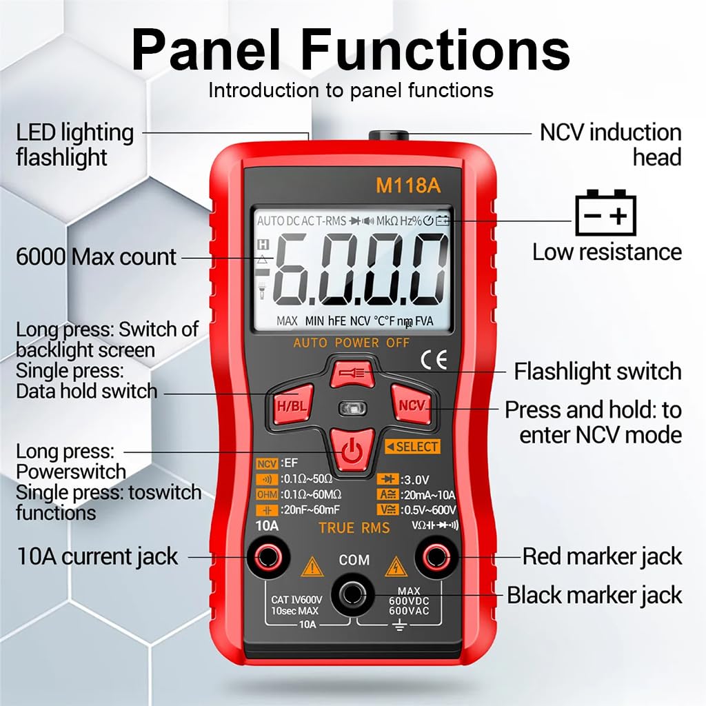 Serplex® Digital Multimeter 6000 Counts Versatile AC/DC Voltage Tester, Portable Voltmeter with NVC, Continuous LCD Display, Auto Range, LED Flashlight, Non Contact Detection (No Battery)