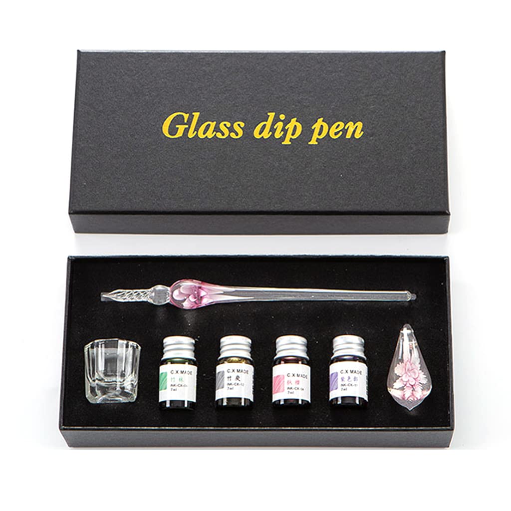 Climberty Glass Dip Pen Set for Calligraphy with 4 Colors Ink and Crystal Pen Holder | Gift Box