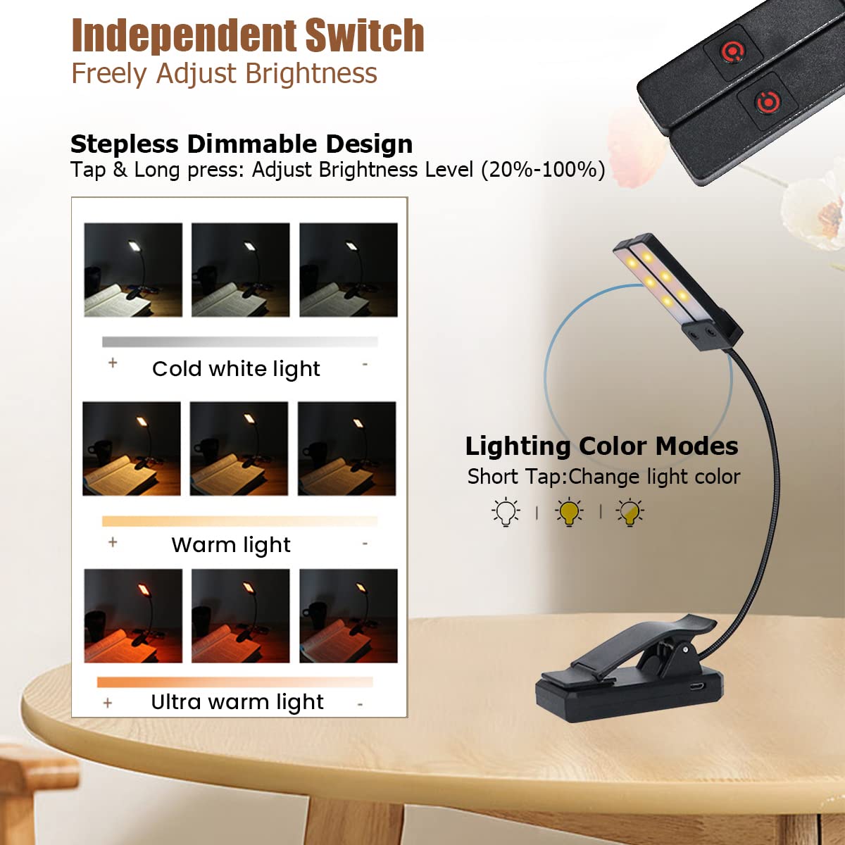 ELEPHANTBOAT Reading Lamp for Study with 18 LED Dual Lights and 360° Flexible Gooseneck | Rechargeable 1200mAh Clip-On Light for Bedside or Desk