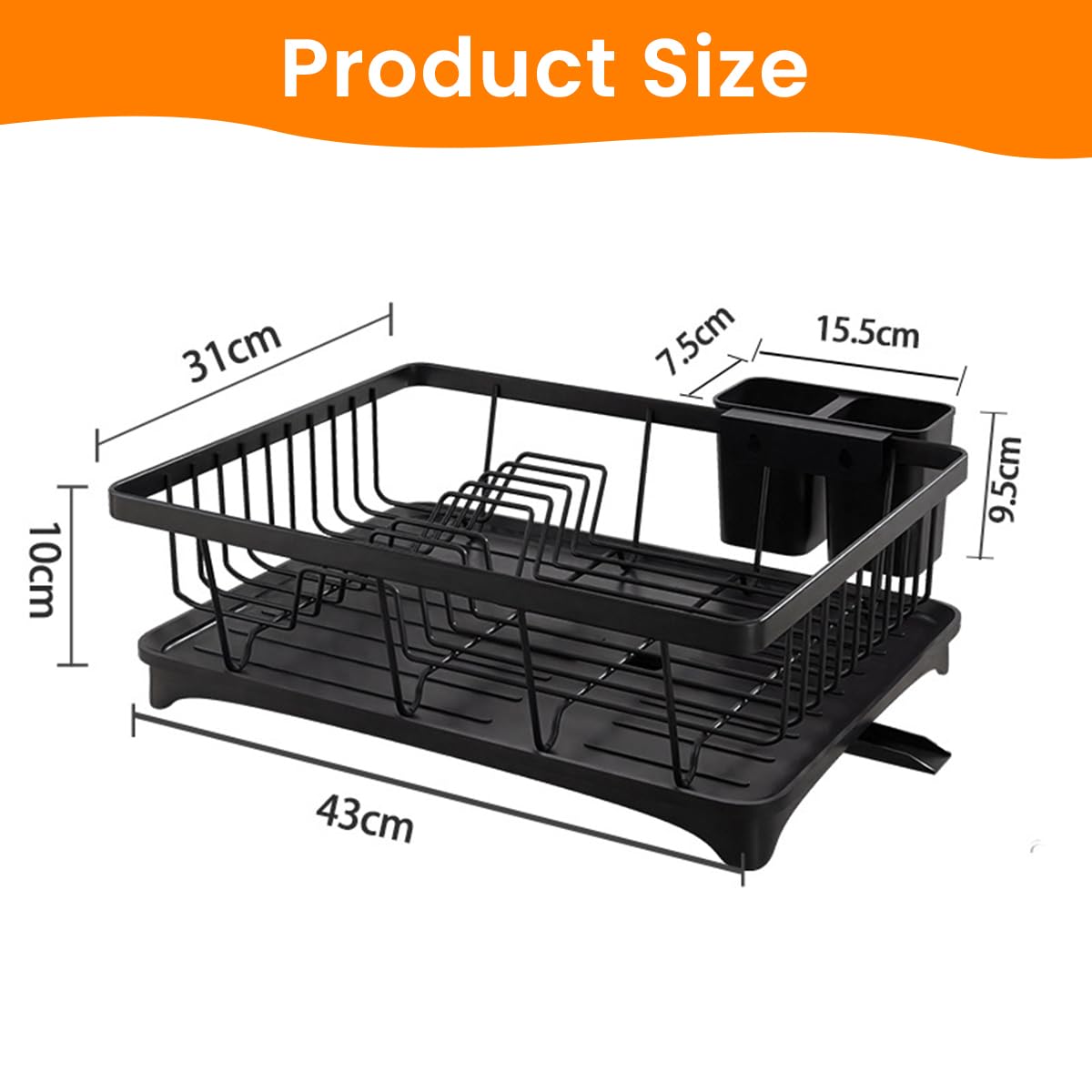 Supvox Dish Drying Rack 42x30x13 cm for Kitchen with Drainage Spout and Metal Cutlery Holder