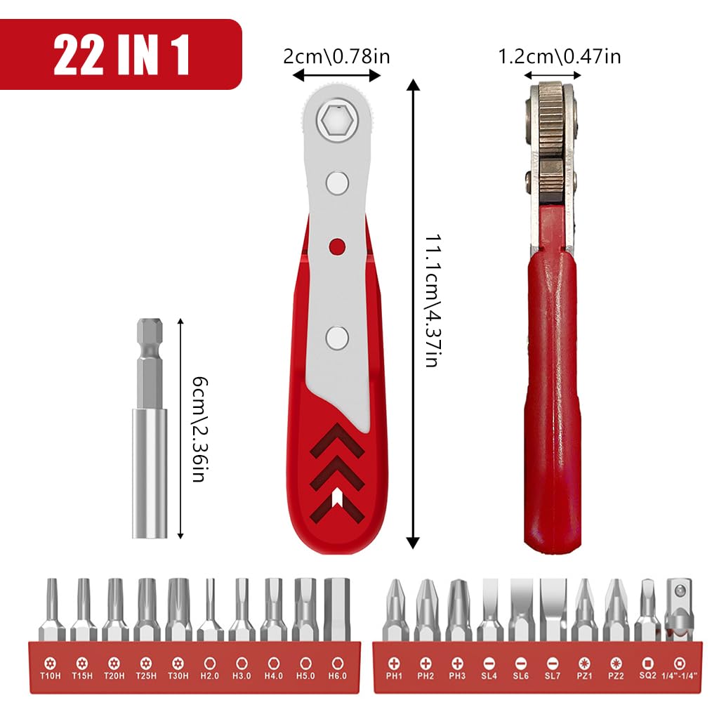 Serplex® Right Angle Ratcheting Screwdriver Set of 22 Pcs Chromium Vanadium Steel Right Angle Ratcheting Screwdriver Set with 20 Bits Bidirectional Ratcheting Screwdriver Rubberized Handle Design