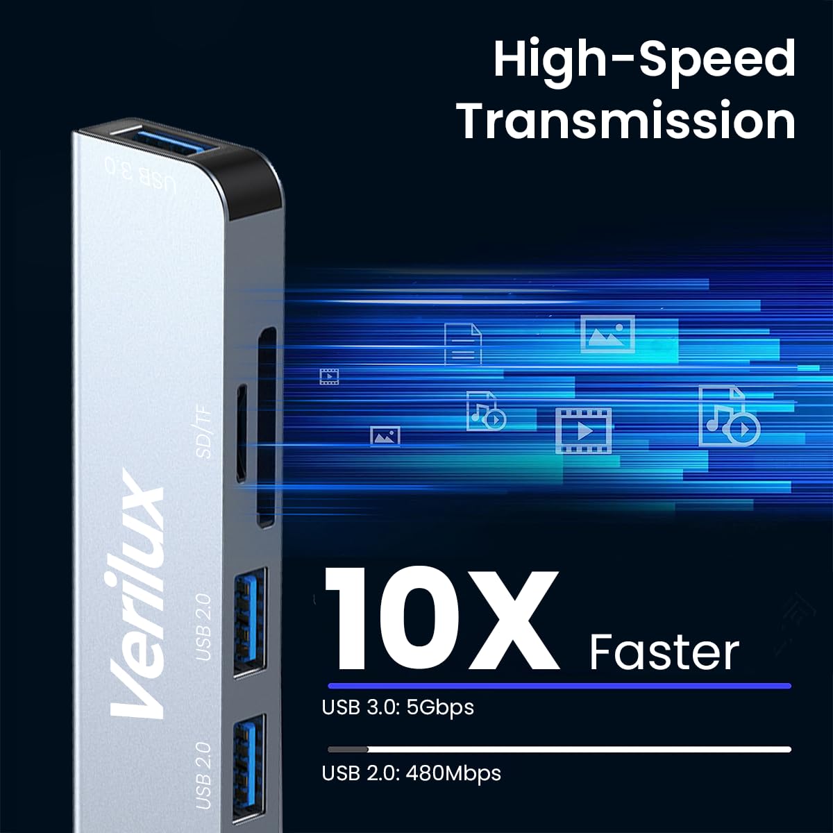 Verilux USB HUB 5 in 1 Type C to USB Connector with 3 USB Ports, SD/Micro SD Card Reader USB Type C Hub for Laptop, MacBook Air/Pro M1/M2, iPad Pro, Chromebook, Pixelbook, Dell, PC, Samsung Galaxy