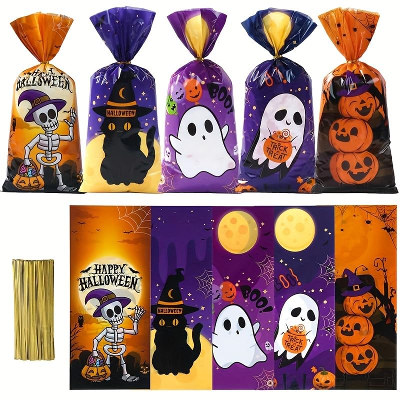 HASTHIP Halloween Goodie Bags for Party Treats 50 Pack 4.9x10.7 in with Golden Twist Ties