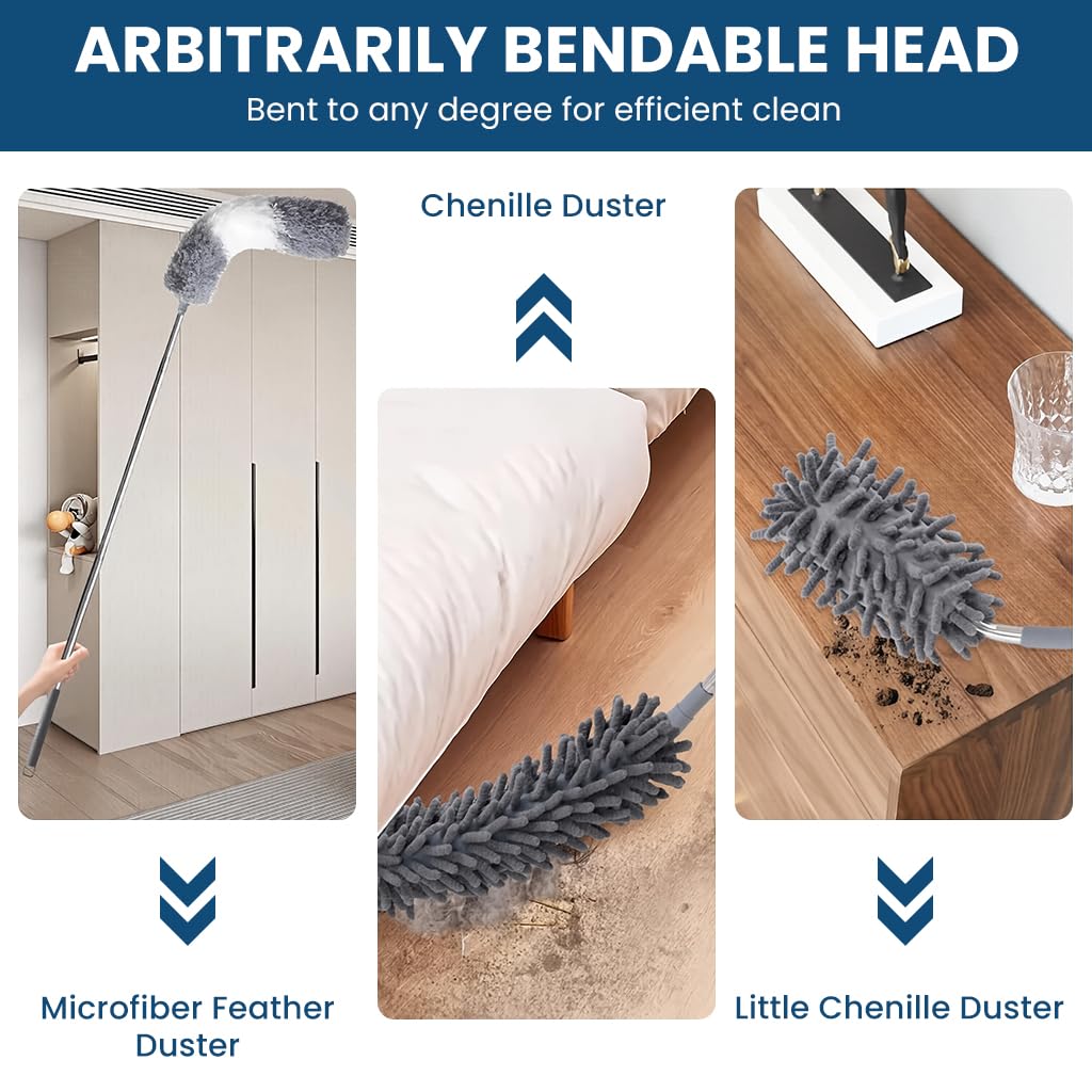 HASTHIP Microfiber Duster Set for Home Cleaning with 1.2 m Extendable Handle & 5 Heads | Reusable