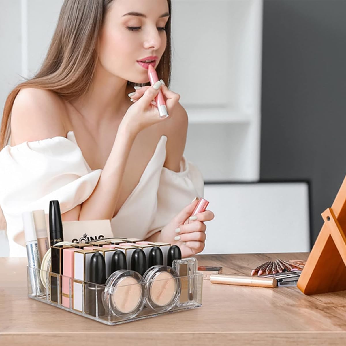 MAYCREATE Makeup Organizer for Vanity and Drawer with 7 Divided Sections Clear Acrylic Design