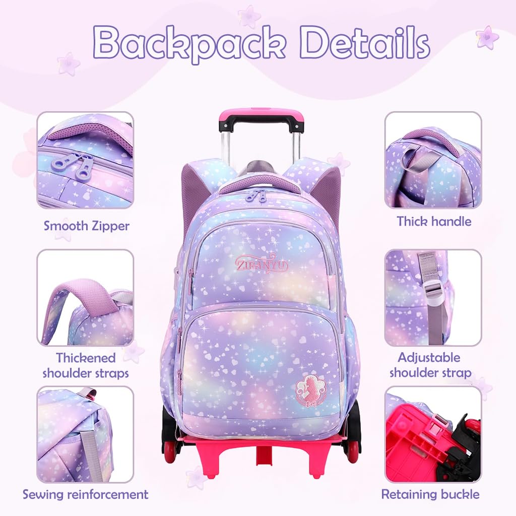 Climberty School Bag for Girls featuring 6 Wheels and Detachable Trolley Stand | Ages 7–12