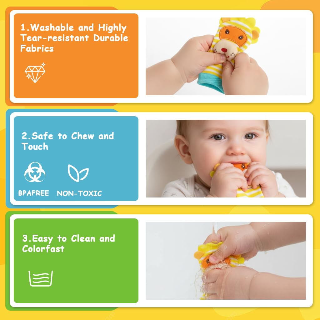 SNOWIE SOFT Baby Rattle Socks and Wristband Set with Plush Cartoon Toys for Sensory Play