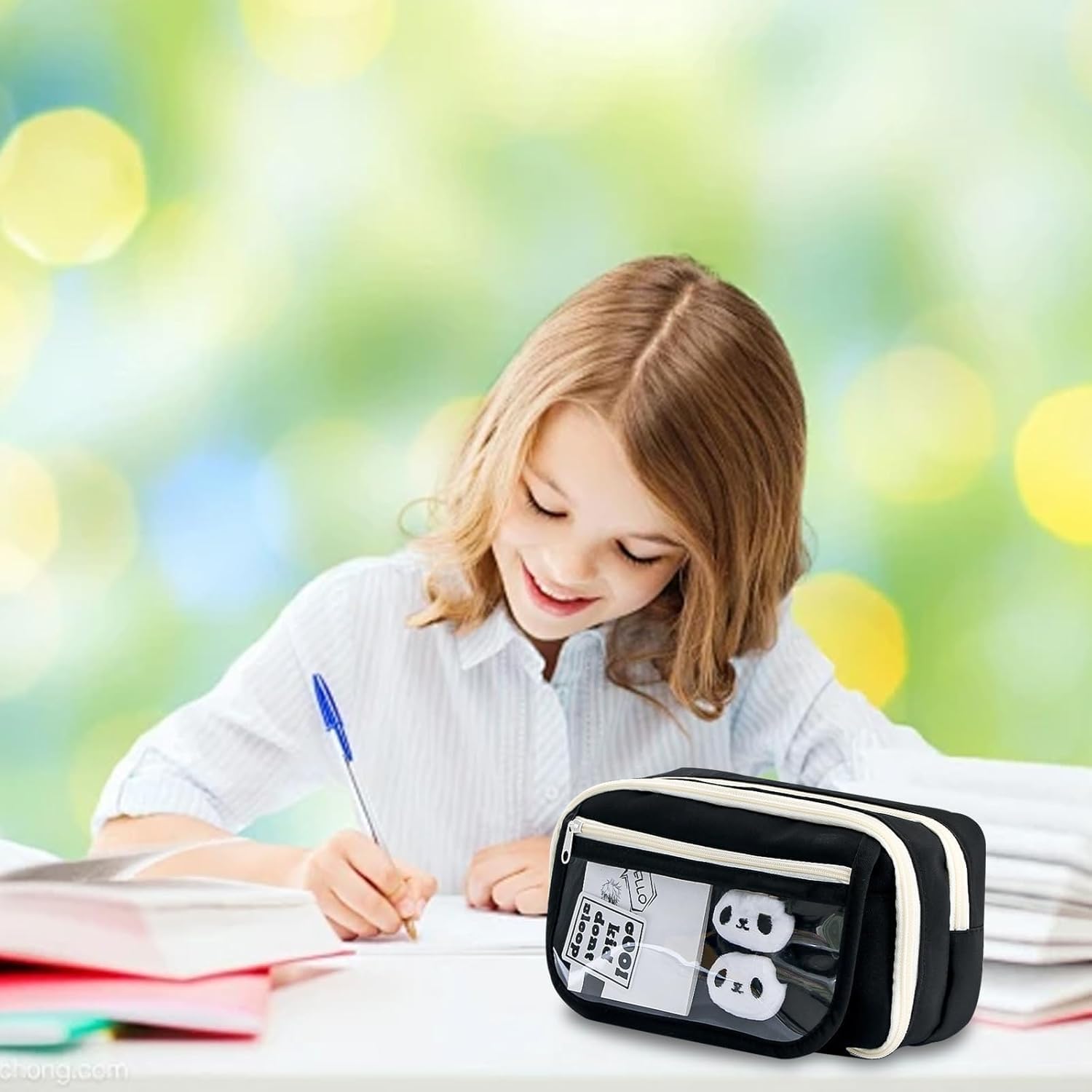 ZIBUYU Student Pencil Pouch for School and Office with Multi Layer Mesh Pockets Black 2 PCS