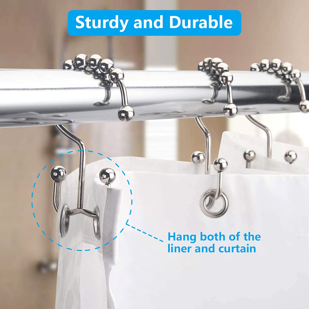 HASTHIP  Bathroom Curtain Hooks,Stainless Steel Hook for Curtains,Rust-Resistant Metal Double Hooks Curtain Rings,Rolling Shower Curtain Hooks for Bathroom Shower Curtain Rods Curtains, Set of 10