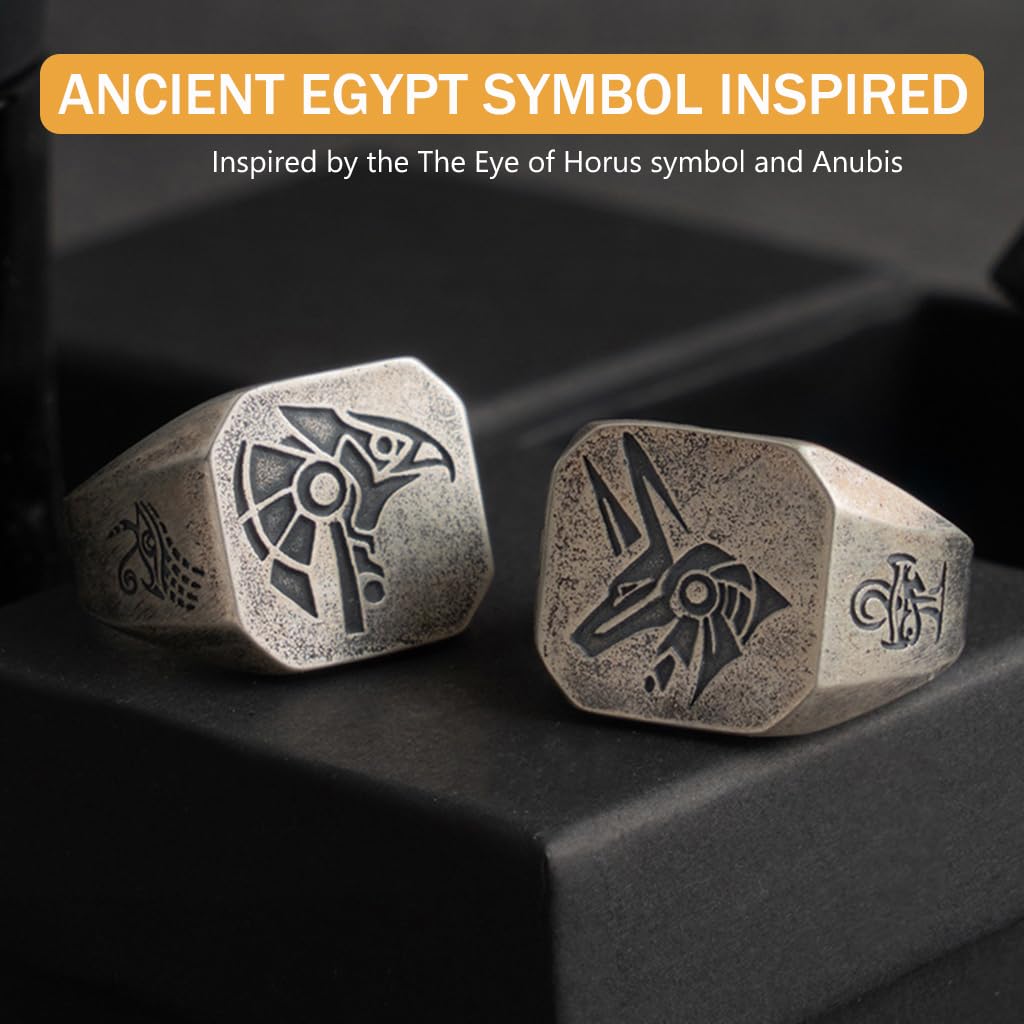 SANNIDHI 2pcs Vintage Open Ring Fashion Ancient Egypt Metal Rings Alloy Carving Rings The Eye of Horus Symbol Ring Anubis Engraved Ring Adjustable Open Ring for Men