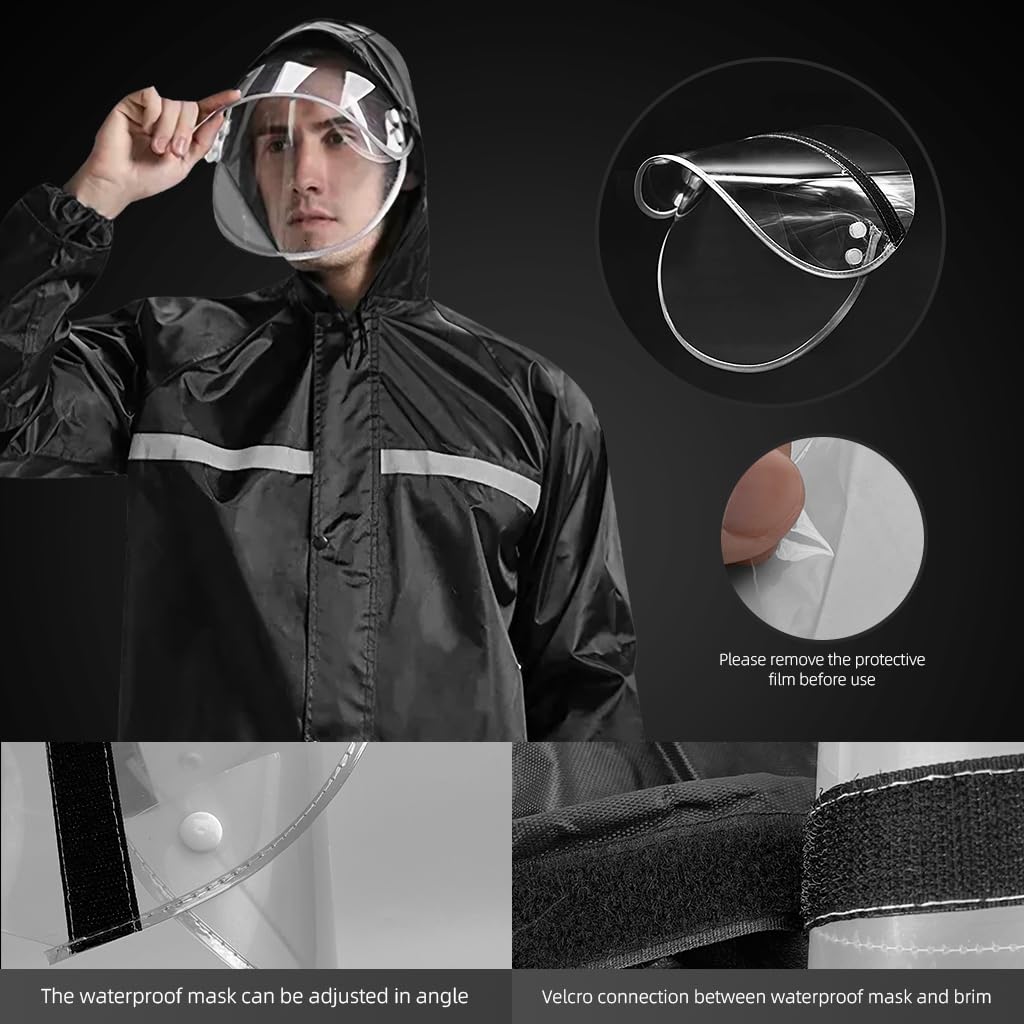 GUSTAVE® Men Rain Suit 2-Piece Adult Rain Jacket Hoodie with Transparent Wide Brim Double Oxford Cloth Rain Coat with Mesh Lining Dual Hood Brim Reflective Rain Suits Rain Trousers, XXXL