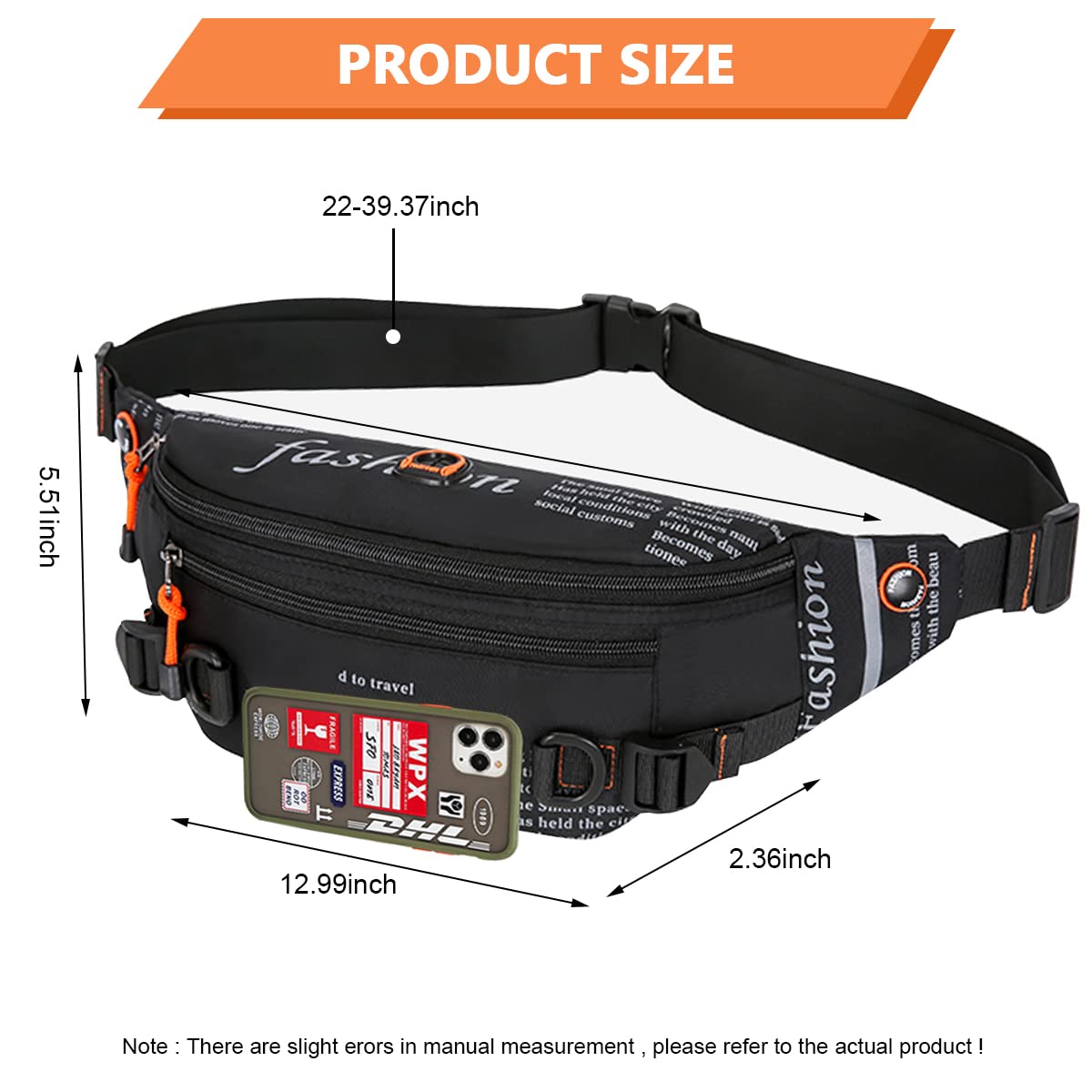 GUSTAVE Waist Bag for Men with 3 Zippered Pockets and Adjustable Belt | Waterproof PVC 31×4×13 cm Crossbody for Travel and Sports