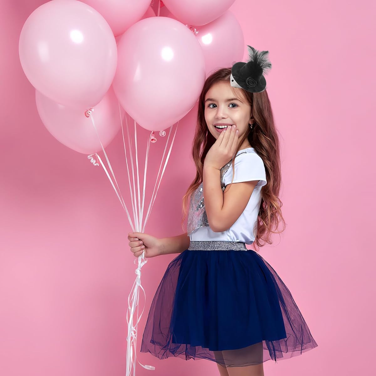 Venzina Mini Tea Hat Hair Clips for Girls with 10cm Lace Fascinator & Clip | Black and Pink