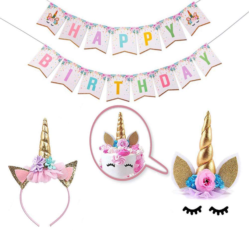 HASTHIP Unicorn Cake Topper for Birthday & Baby Shower featuring 5.7 in Gold Horn | Reusable Set