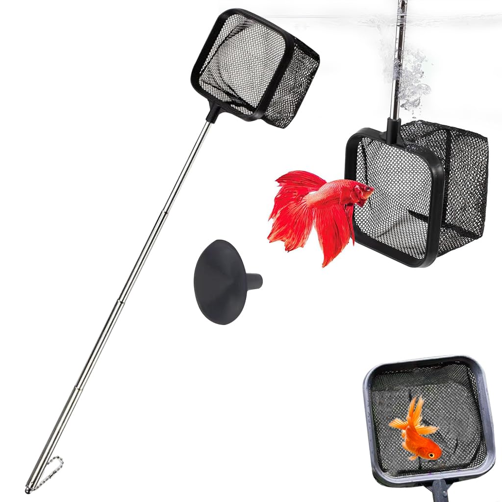 Qpets Aquarium Fish Net for Betta Fish Tank with 3.1x3.1 in Frame and 18 in Retractable Handle