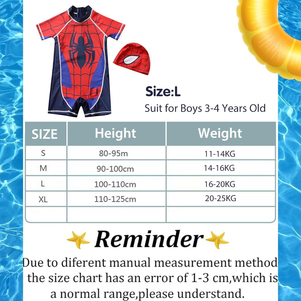 SNOWIE SOFT® Boys Swimsuit Swimming Cap Set Short Sleeve Spiderman Print Swimsuit for Boys Stretchy One-Piece Swimming Suit for Boys UPF 50+ Swimming Suit for Boys 3-4 Years Old, Size 110cm