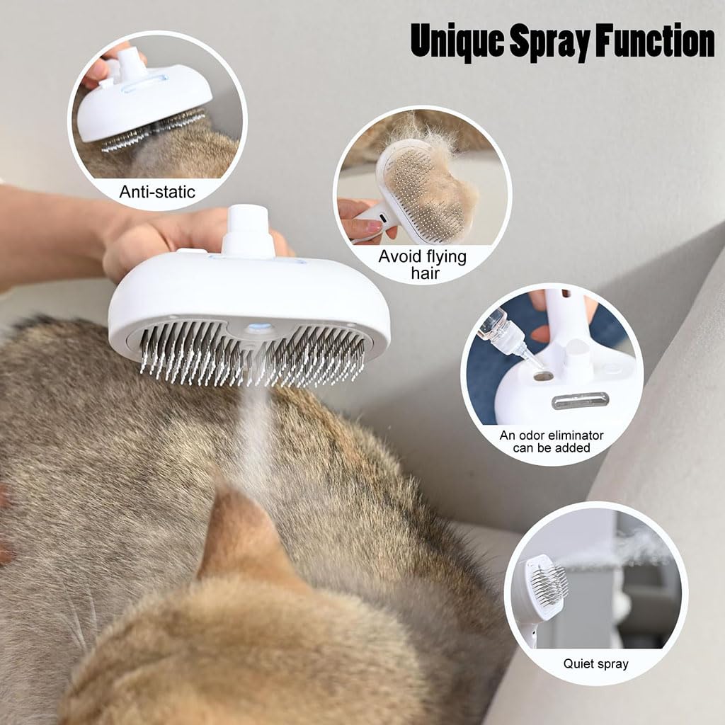 ZIBUYU Pet Steam Comb for Dogs and Cats with Spray Function and Self Cleaning Brush | 0.32 lb Lightweight Grooming Tool