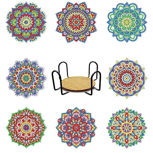 HASTHIP® 8 Pcs Diamond Painting Coasters Kits, Exquisite Diamond Painting Coasters with Holder, DIY Diamond Art Coasters and Crafts for Adults Kids, Style A