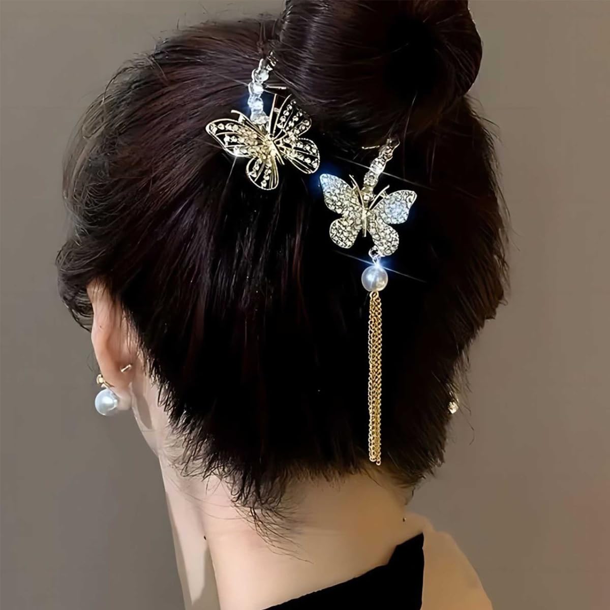 Venzina Butterfly Bow Hair Clip for Wedding and Daily Use featuring Self Lock Claw | Rhinestone Tassel Design for Women Girls